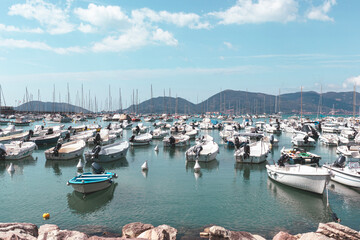 Fototapeta na wymiar High angle view of Lerici harbor. Ligurian coast of Italy. Copy space