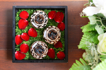Spa ingredient with oil and other treatment cream setting in bowl, with blur foreground.