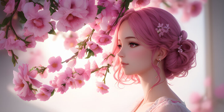 Illustration, a very beautiful girl, against the background of a tree with pink flowers. Generative AI