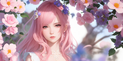 Naklejka premium Illustration, a very beautiful girl, against the background of a tree with pink flowers. Generative AI