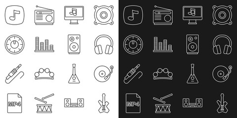 Set line Electric bass guitar, Vinyl player, Headphones, Computer with music note, Music equalizer, Sound mixer controller, tone and Stereo speaker icon. Vector