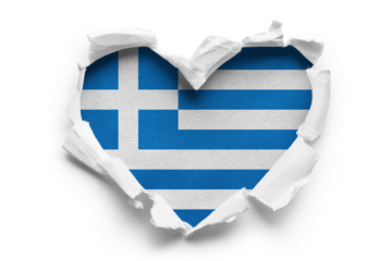 Heart shaped hole torn through paper, showing satin texture of flag of Greece, cut out