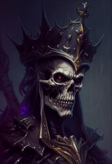 Skeleton of a king in armor with a crown on his head, portrait on a dark background. AI Generated