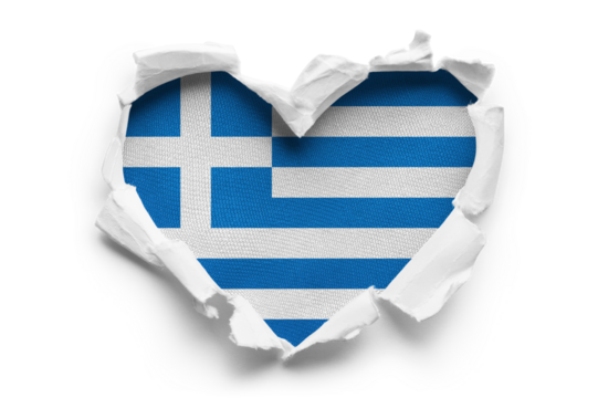 Heart shaped hole torn through paper, showing satin texture of flag of Greece, cut out