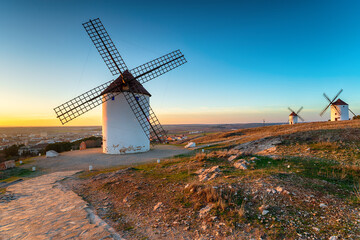 Sunset over ancient windmills at Manchegos