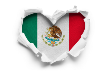 Heart shaped hole torn through paper, showing satin texture of flag of Mexico, cut out