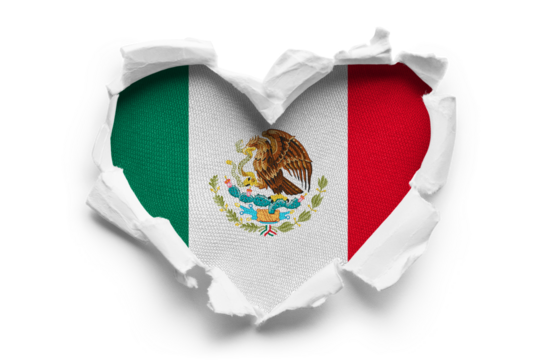 Heart shaped hole torn through paper, showing satin texture of flag of Mexico, cut out
