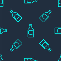 Green line Beer bottle icon isolated seamless pattern on blue background. Vector