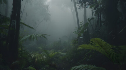 Fototapeta na wymiar Exotic Tropical Rainforest With Dense Fog