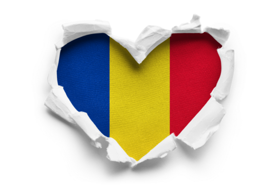 Heart shaped hole torn through paper, showing satin texture of flag of Romania, cut out