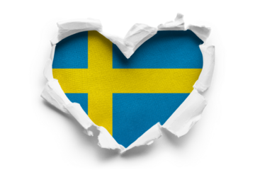 Heart shaped hole torn through paper, showing satin texture of flag of Sweden, cut out