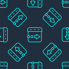 Green line Time flies on the clock icon isolated seamless pattern on blue background. Vector