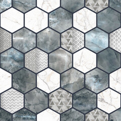 hexagon shaped white and blue marble pattern background