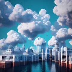 Fantasy world, A city suspended in the clouds, with floating buildings and bridges connecting them, Generative AI