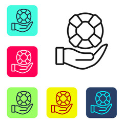 Black line Lifebuoy in hand icon isolated on white background. Lifebelt symbol. Set icons in color square buttons. Vector