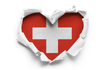 Heart shaped hole torn through paper, showing satin texture of flag of Switzerland, cut out