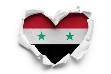 Heart shaped hole torn through paper, showing satin texture of flag of Syria, cut out