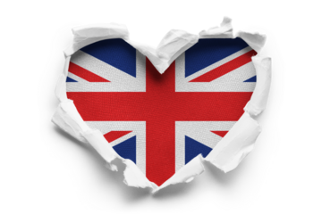 Heart shaped hole torn through paper, showing satin texture of flag of Great Britain, cut out