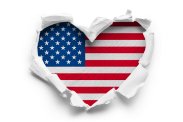 Heart shaped hole torn through paper, showing satin texture of flag of USA, cut out