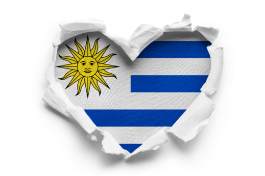 Heart shaped hole torn through paper, showing satin texture of flag of Uruguay, cut out