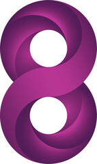 Number eight on white. Eight or 8 logo design. Impossible shape. Magenta gradient infinity shape. Optical illusion. Interlocking number eight (8) on white background. 
Abstract endless geometric loop.