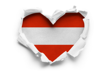 Heart shaped hole torn through paper, showing satin texture of flag of Austria, cut out
