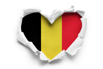 Heart shaped hole torn through paper, showing satin texture of flag of Belgium, cut out