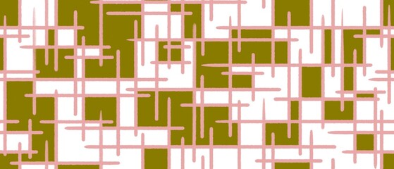 Seamless abstract geometric pattern. Khaki, white, pink colors. Illustration. Abstract squares, lines, polygons. Designed for textile fabrics, wrapping paper, background, wallpaper, cover.