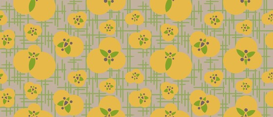 Seamless abstract floral pattern. Simple background with yellow flowers, green checkered texture. Digital botanical cover. Design for textile fabrics, wrapping paper, background, wallpaper, cover.