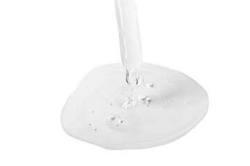 A flowing transparent gel from an eyedropper.  Large droplet with bubbles of gel. No background. PNG