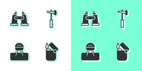 Set Lighter, Binoculars, Barbecue grill and Hammer icon. Vector