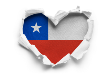 Heart shaped hole torn through paper, showing satin texture of flag of Chile, cut out