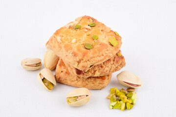 Closeup of Pista Biscuit on white background, sweet snack