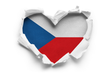 Heart shaped hole torn through paper, showing satin texture of flag of Czech Republic, cut out