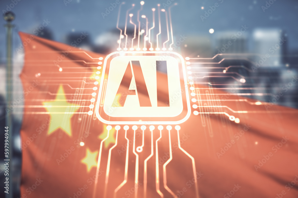 Poster abstract virtual artificial intelligence symbol hologram on flag of china and blurry cityscape backg