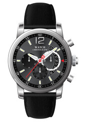 Realistic clock watch chronograph dark silver leather strap black on white background vector