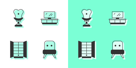 Set Armchair, Wardrobe and TV table stand icon. Vector