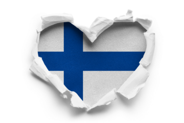 Heart shaped hole torn through paper, showing satin texture of flag of Finland, cut out