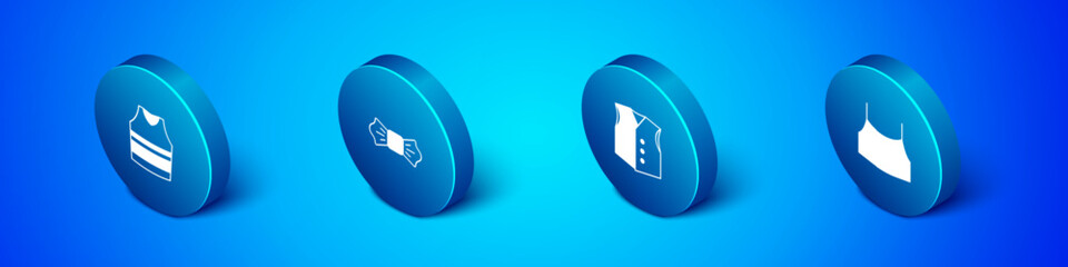 Set Isometric Undershirt, Waistcoat, Female crop top and Bow tie icon. Vector
