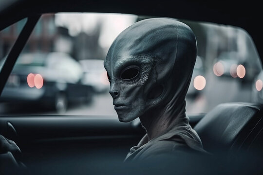 extraterrestrial alien male drives a car in a big city, created with generative ai