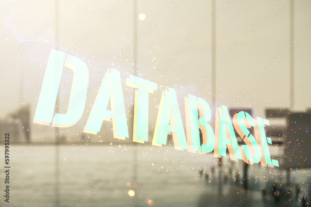 Poster double exposure of database word sign on a modern conference room background, global research and an