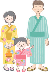夏祭り　浴衣を着たファミリー　親子