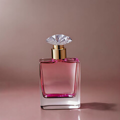 A stunning glass perfume bottle with a diamond cap against a pink background. Generative AI