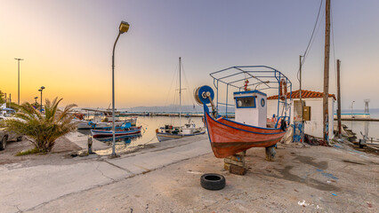 Greek Fishing boats harbor scene