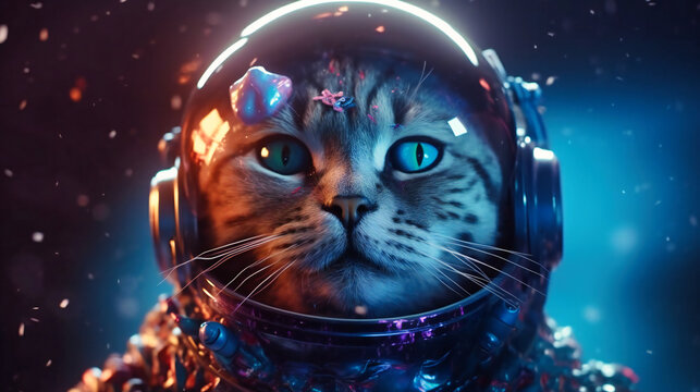 A cat in a helmet with space clouds and stars under