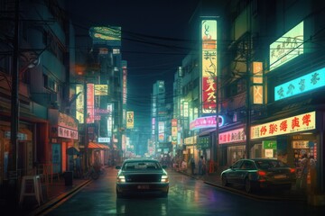 Fototapeta na wymiar Cyberpunk Tokyo Neon Japanese Cityscape Vintage City Illustration