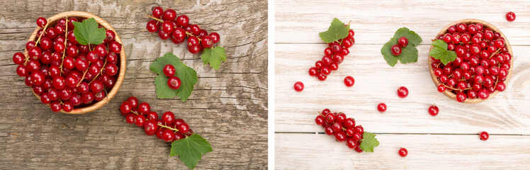 Red currant berries in a wooden bowl with leaf on the old wooden background. Top view