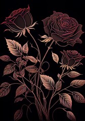 Black seamless pattern with roses outlined. AI generated