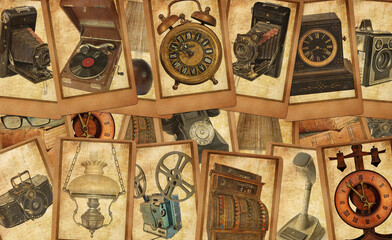 Fototapeta na wymiar Vintage and antique alarm clock, desktop clock, lamp, photo camera, suitcase, telephone, microphone, books, glasses, reel movie projector and record player. Vintage photo cards on the wood background