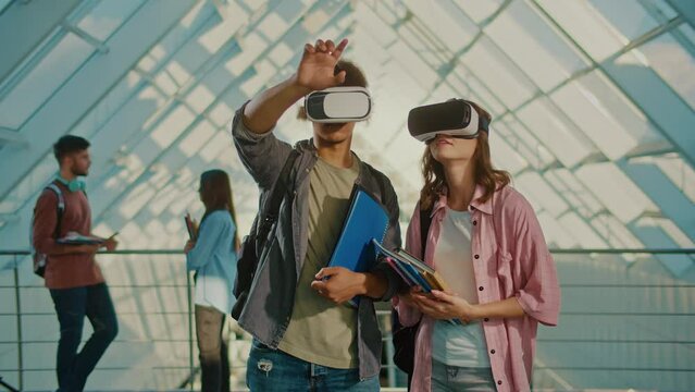 Students Wearing VR Headsets. Virtual Reality Learning Concept. Robotization of Learning. Digital Education. Innovations in Education. Future Technologies